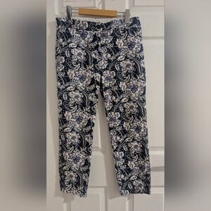 TALBOTS Perfect Crop Pants Navy Purple Floral Paisley Button Hem Coastal Sz 6